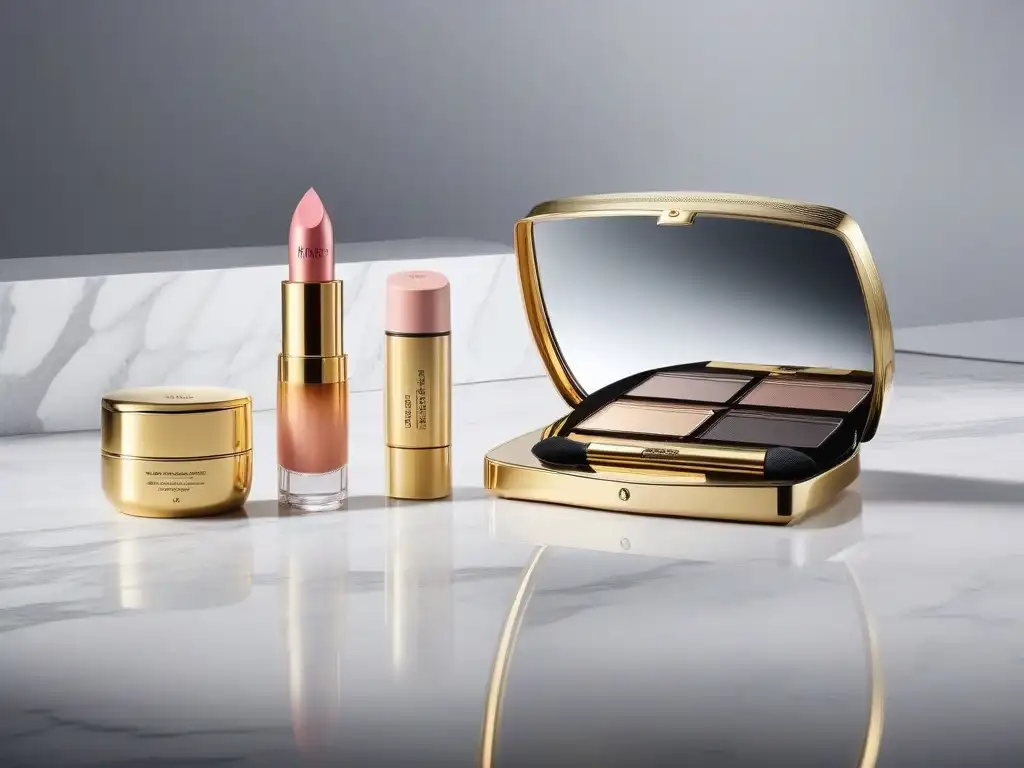 Set de maquillaje de lujo: elegancia en tonos pastel y oro Un set de maquillaje de lujo para tallas petite en tonos pastel y detalles dorados, sobre una elegante mesa de mármol