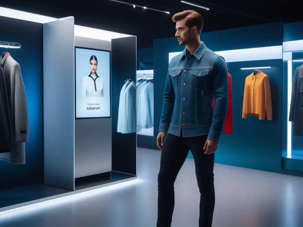 Showroom futurista de moda con personalización digital Un showroom futurista con personalización en moda para todos, con pantallas digitales interactivas y opciones de ropa personalizada