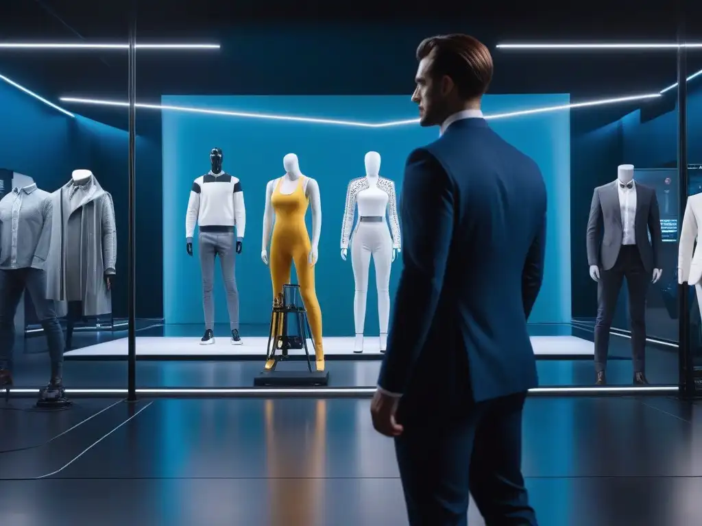 Showroom futurista de tecnología para moda personalizada Un showroom futurista con tecnología avanzada para crear ropa personalizada