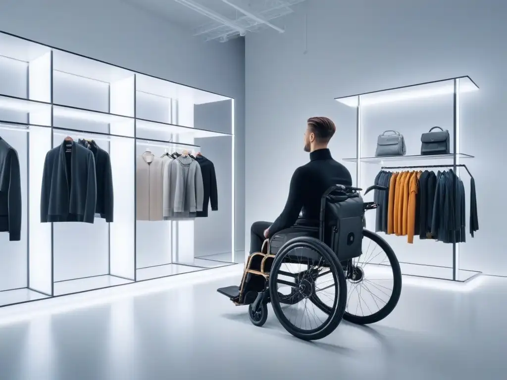 Moda inclusiva: diversidad y estilo en showroom adaptativo Un showroom moderno con ropa adaptativa para necesidades, personas diversas explorando prendas innovadoras