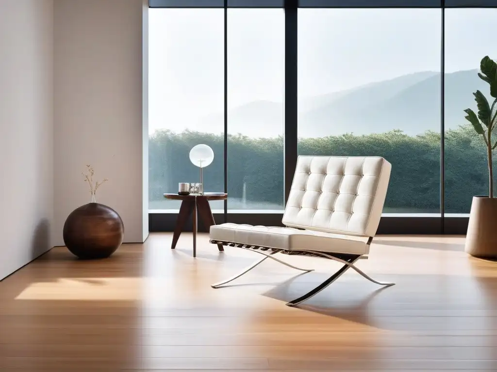 Silla Barcelona blanca de lujo en ambiente moderno y luminoso Silla Barcelona de diseño en cuero blanco, en un ambiente luminoso y minimalista