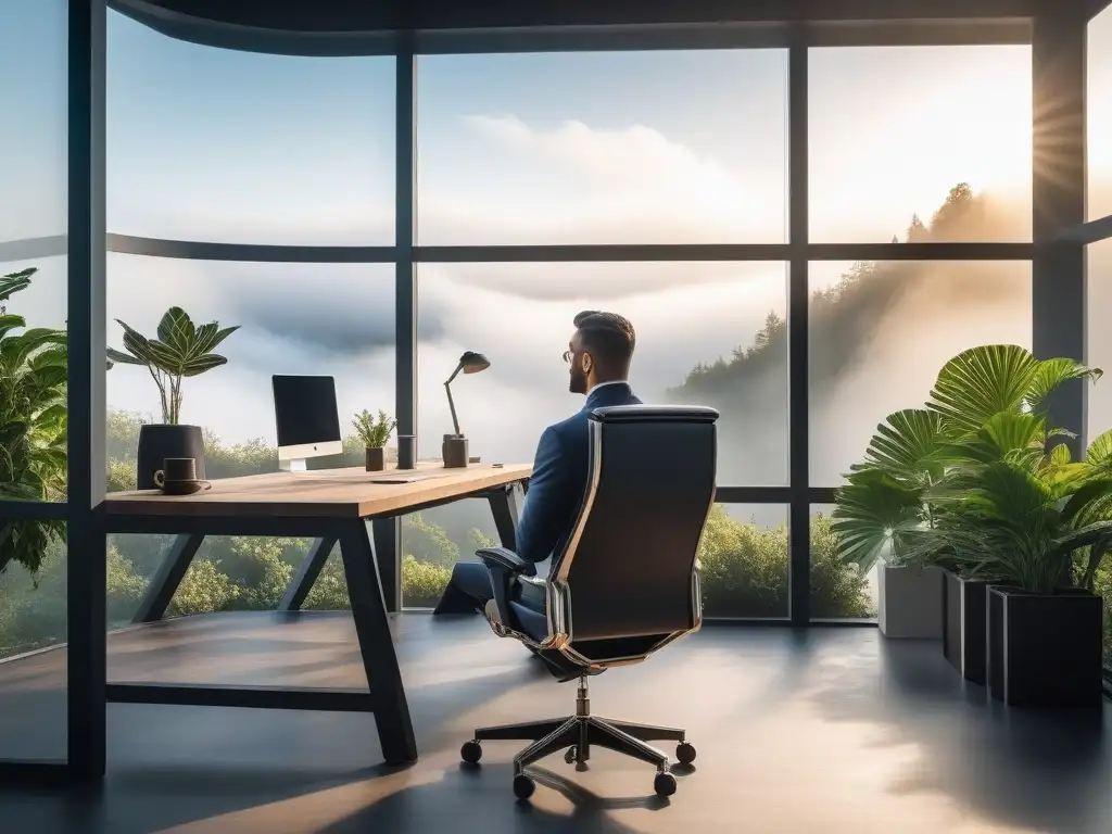 Oficina en casa minimalista con silla ergonómica y luz natural Silla ergonómica en oficina minimalista con luz natural, persona trabajando cómodamente en elegante escritorio con laptop y planta