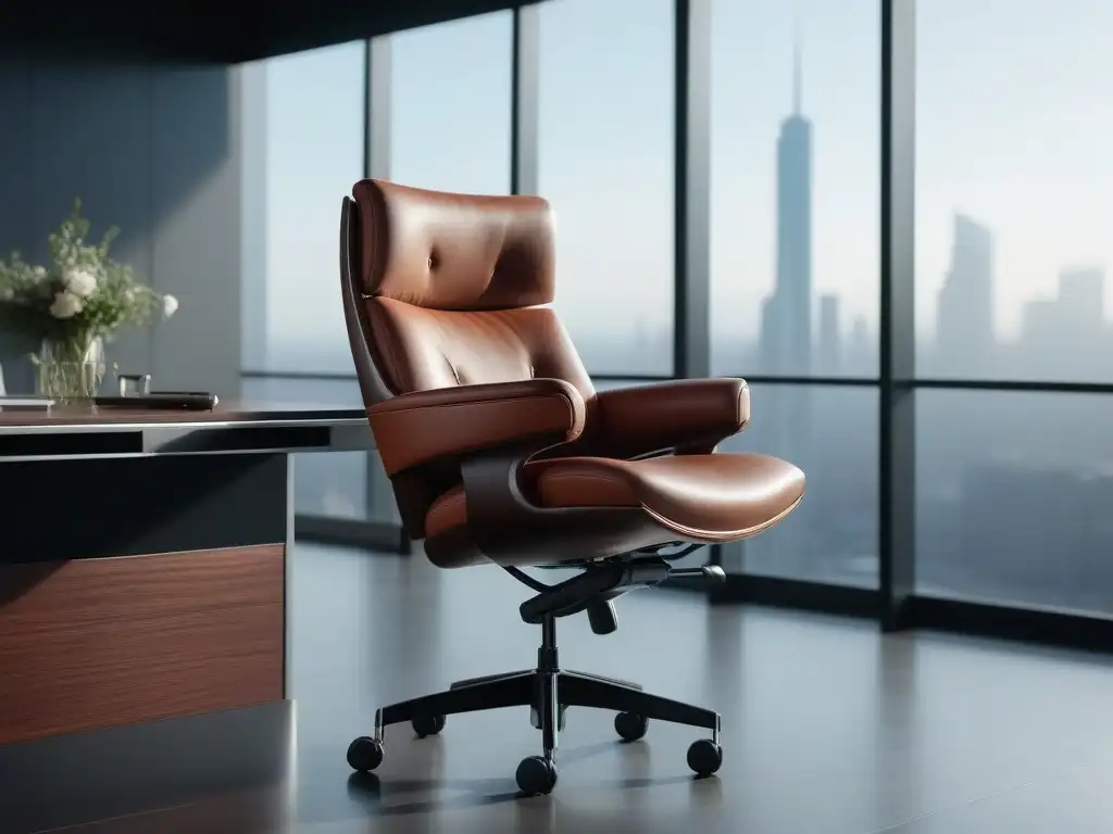 Silla de lujo ergonómica: elegancia y confort en un entorno profesional Silla de lujo ergonómica en elegante oficina minimalista con vista a la ciudad