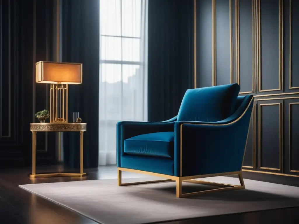 Silla art déco de lujo en interior contemporáneo Silla de lujo estilo art deco con líneas elegantes y detalles en terciopelo y oro en un ambiente contemporáneo minimalista