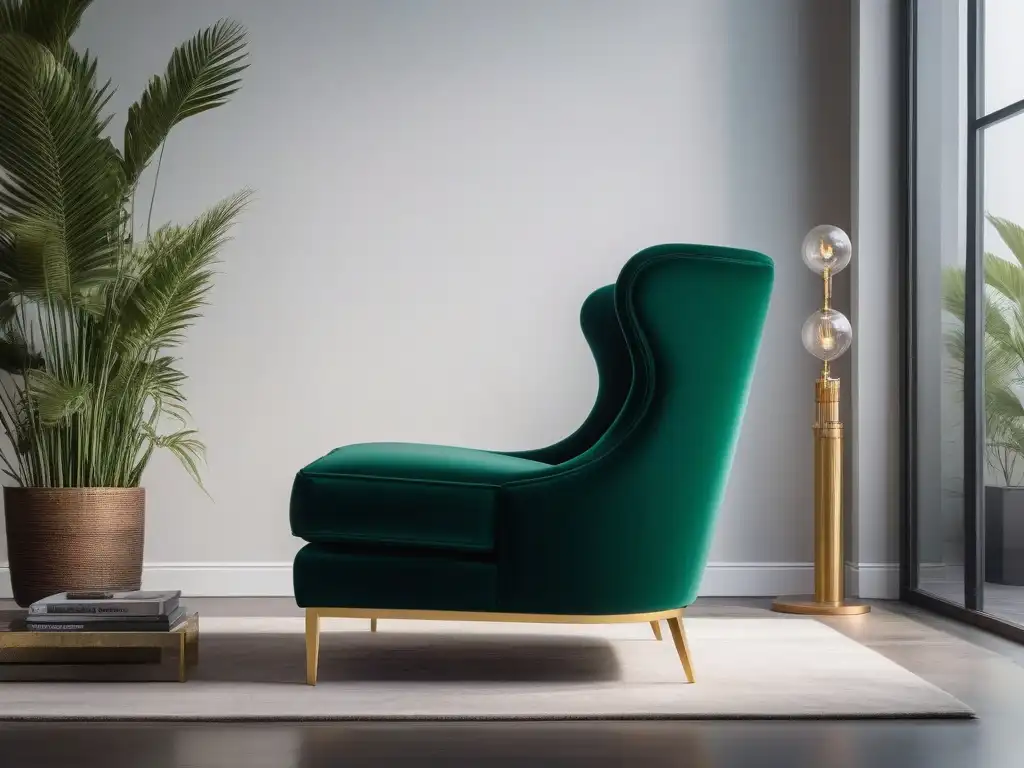 Silla moderna de lujo en terciopelo verde esmeralda Silla de lujo sostenible 2023 en terciopelo verde esmeralda con acabados en oro, en un salón elegante y minimalista