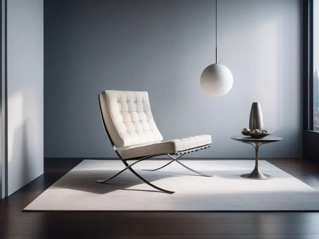 Silla Barcelona de Mies van der Rohe en sala minimalista Silla Barcelona de Mies van der Rohe en sala minimalista