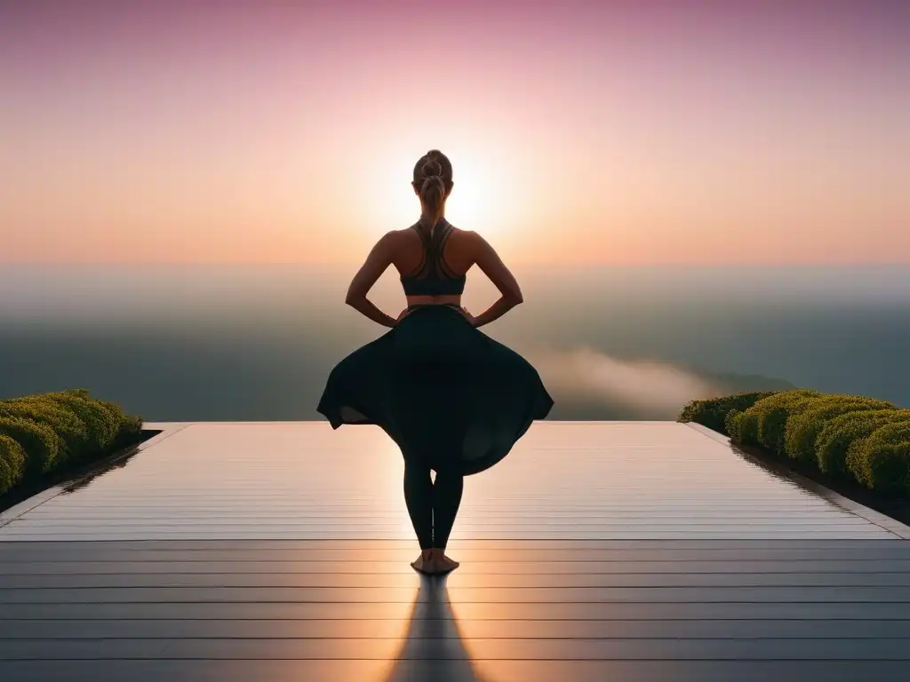 Silueta en yoga al atardecer: equilibrio y serenidad Silueta elegante en pose de yoga al atardecer en terraza, con arquitectura moderna y tonos cálidos