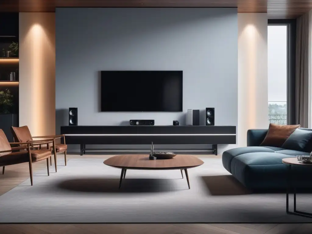 Sistema de entretenimiento de lujo: audio premium y diseño sofisticado Un sistema de entretenimiento para el hogar con altavoces modernos, barra de sonido y amplificador integrados en una sala elegante