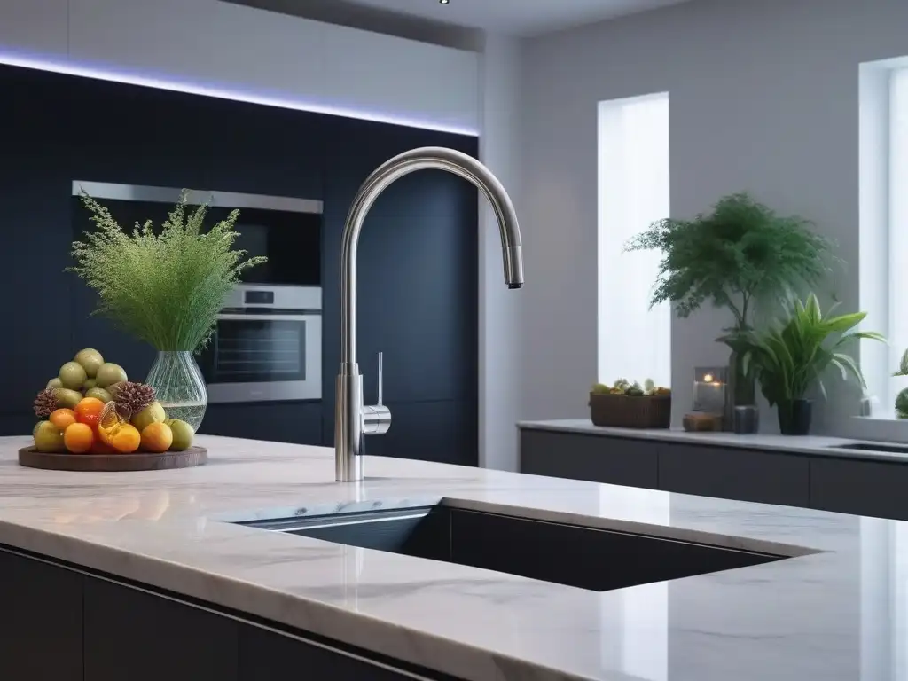 Filtración de agua de alta tecnología en cocina de lujo Un sistema de filtrado de agua de alta tecnología integrado en una lujosa cocina hogareña