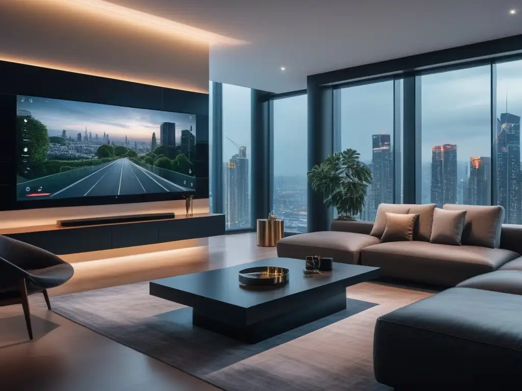 Sistema de seguridad inteligente integrado en lujoso hogar futurista Sistema de seguridad para hogares de lujo integrado en una sala moderna y lujosa con tecnología de vanguardia