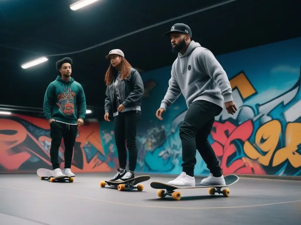 Skateboarders diversos deslumbran en skatepark inclusivo Skateboarders diversos demostrando moda inclusiva para skateboarding en un skatepark vibrante con graffiti