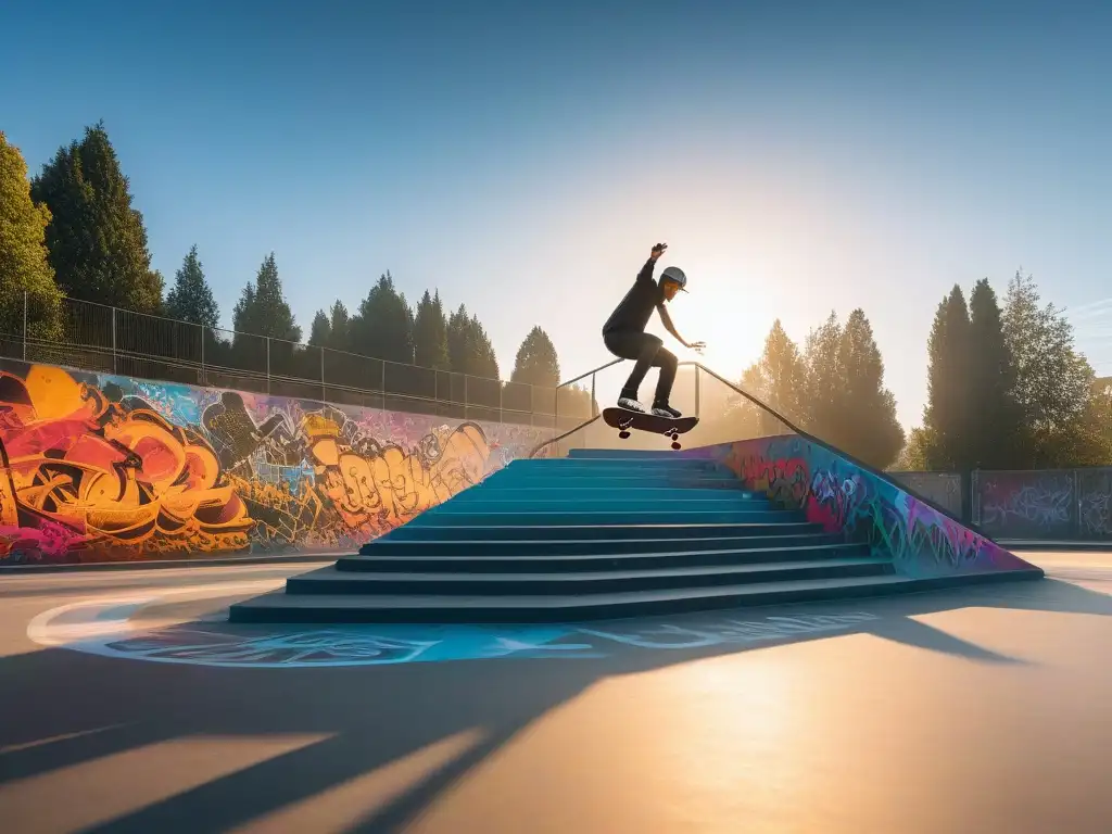 Skatepark diverso: unión y habilidad en acción Skaters de diversas edades y etnias disfrutan juntos en un skatepark colorido al atardecer, mostrando moda inclusiva para skateboarding