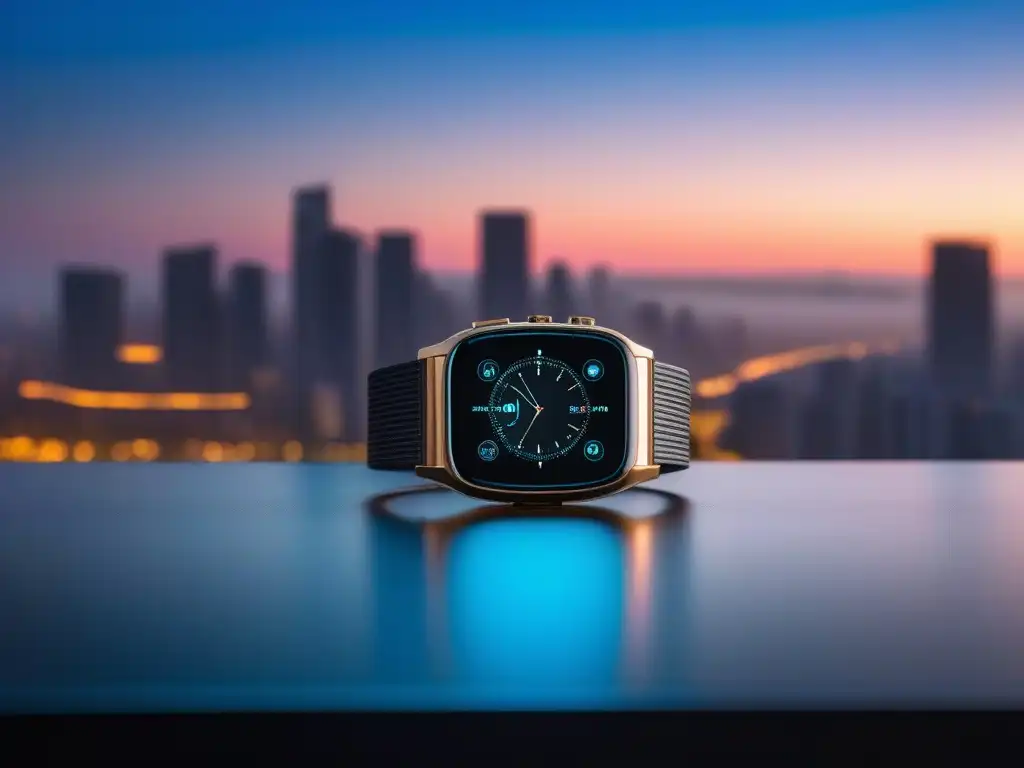 Smartwatch de lujo con diseño elegante en ciudad futurista Un smartwatch de alta gama con diseño personalizable en una ciudad futurista de noche
