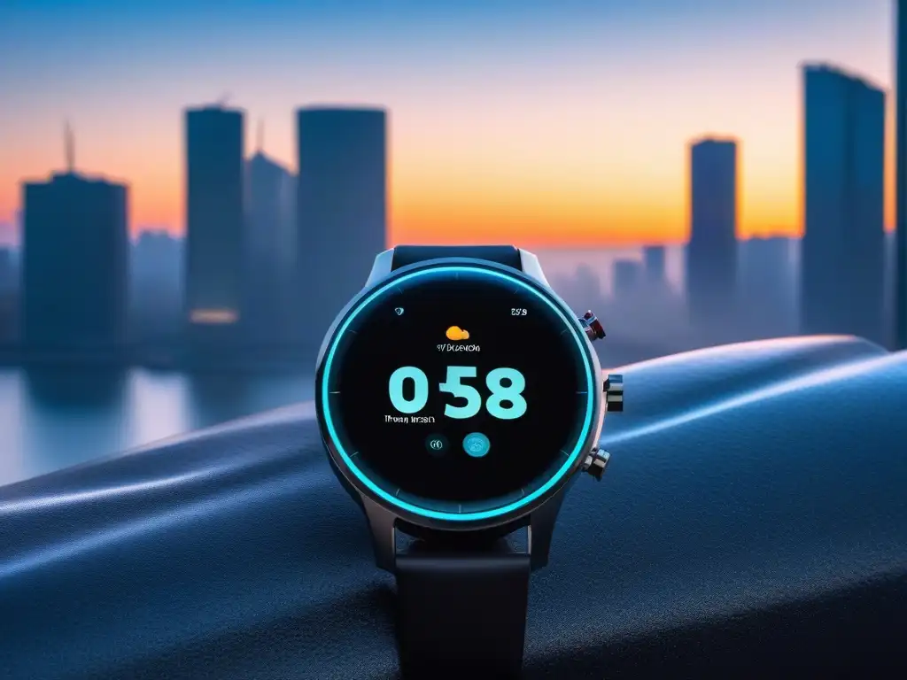 Smartwatch de alta tecnología en ciudad futurista al atardecer Un smartwatch de alta gama en un entorno urbano futurista al atardecer, reflejando luces de la ciudad