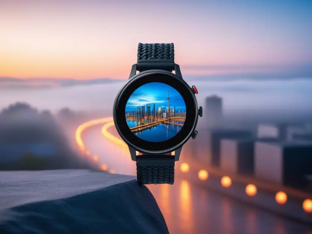 Smartwatch ecofriendly con pantalla personalizable en ciudad futurista Un smartwatch elegante con correa de material sostenible, mostrando apps de moda y salud en una ciudad futurista al atardecer