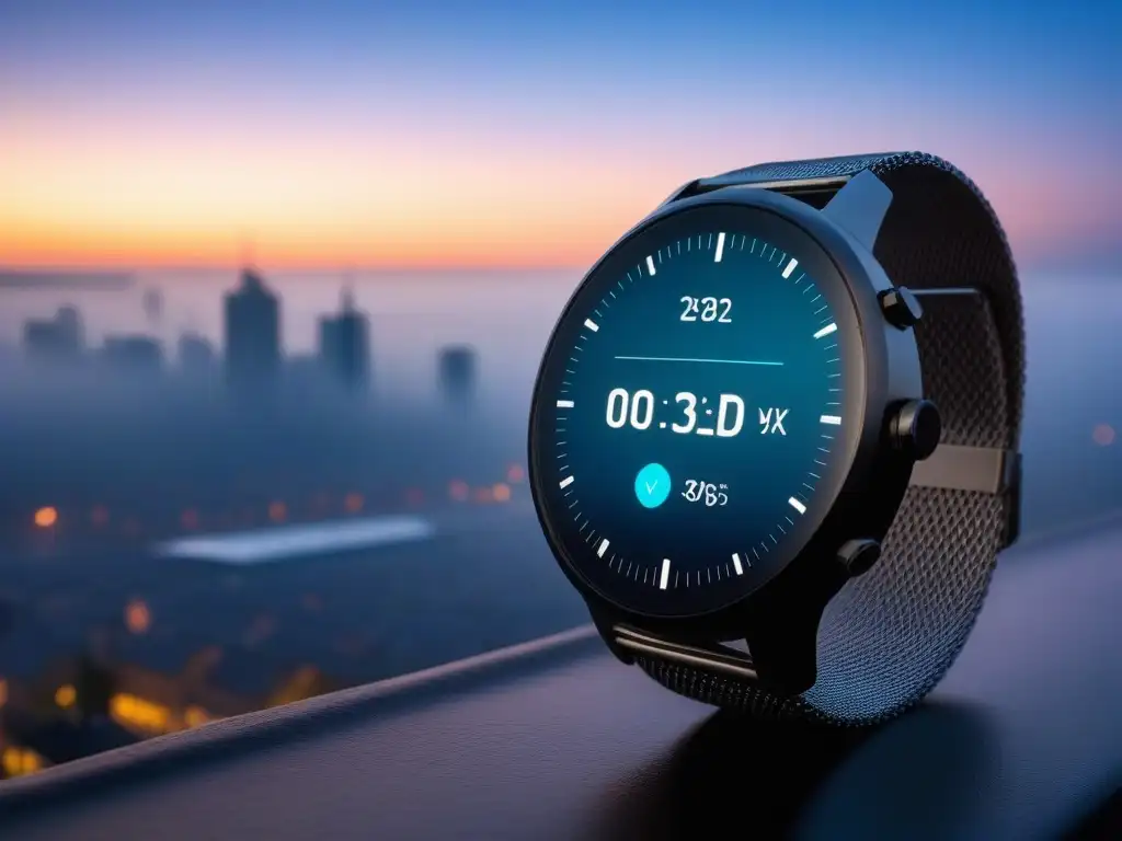 Smartwatch elegante y sofisticado en entorno urbano al atardecer Un smartwatch elegante con correa metálica y esfera digital, mostrando notificaciones de apps en una ciudad urbana al anochecer
