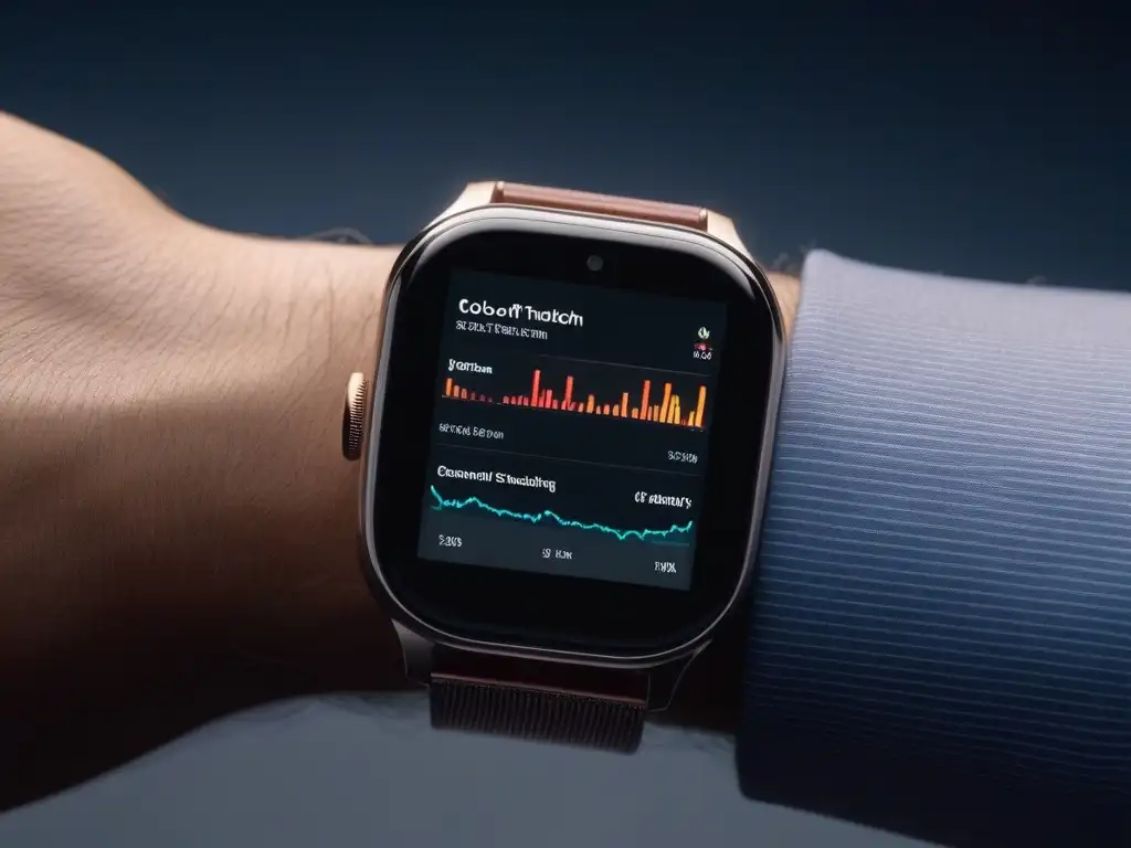 Smartwatch de diseño premium: moda y tecnología saludable Un smartwatch elegante con funciones de salud avanzadas en un fondo futurista