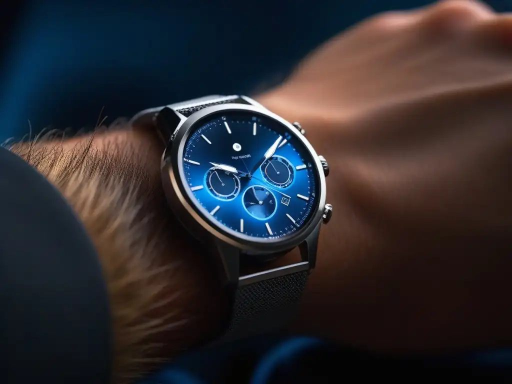 Smartwatch premium: elegancia y personalización Un smartwatch elegante y moderno sobre un cojín de terciopelo bajo una suave iluminación, mostrando su artesanía premium y funciones que realzan la individualidad