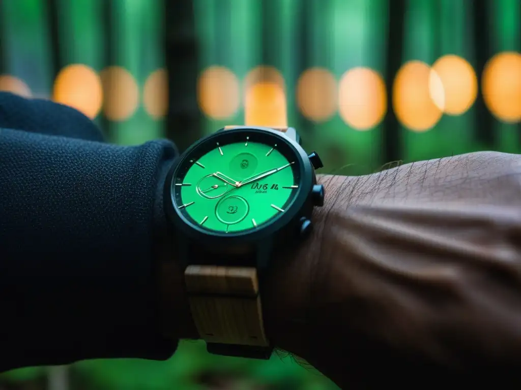 Smartwatch de bambú: lujo ecofriendly y saludable Un smartwatch elegante y moderno con correa de bambú sostenible, rodeado de detalles de salud y grabados inspirados en la naturaleza