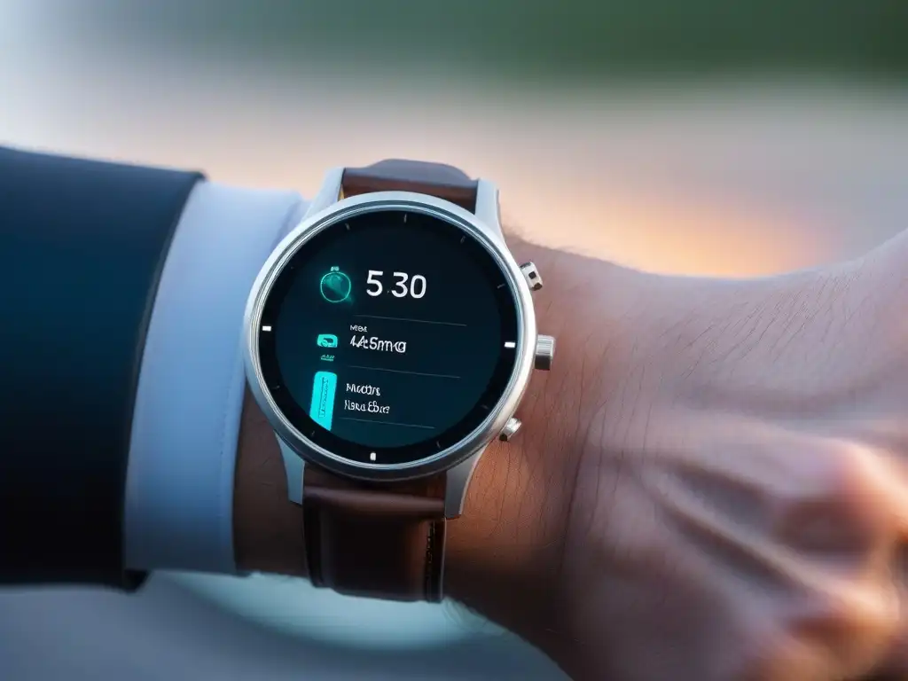 Smartwatch elegante con diseño moderno y elegante en dormitorio de lujo Un smartwatch elegante y moderno, con diseño premium y personalizable, en un ambiente lujoso