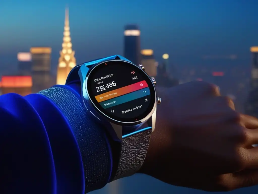 Reloj inteligente de alta tecnología en ciudad futurista Un smartwatch elegante sobre terciopelo, con pantalla a color y diseño personalizable, en una ciudad futurista al atardecer