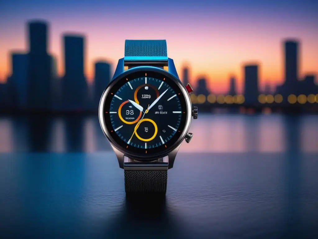 Smartwatch de lujo: imagen 8k de alta tecnología y elegancia urbana Smartwatch exclusivo de moda con detalles de artesanía, pantalla vibrante y fondo urbano nocturno