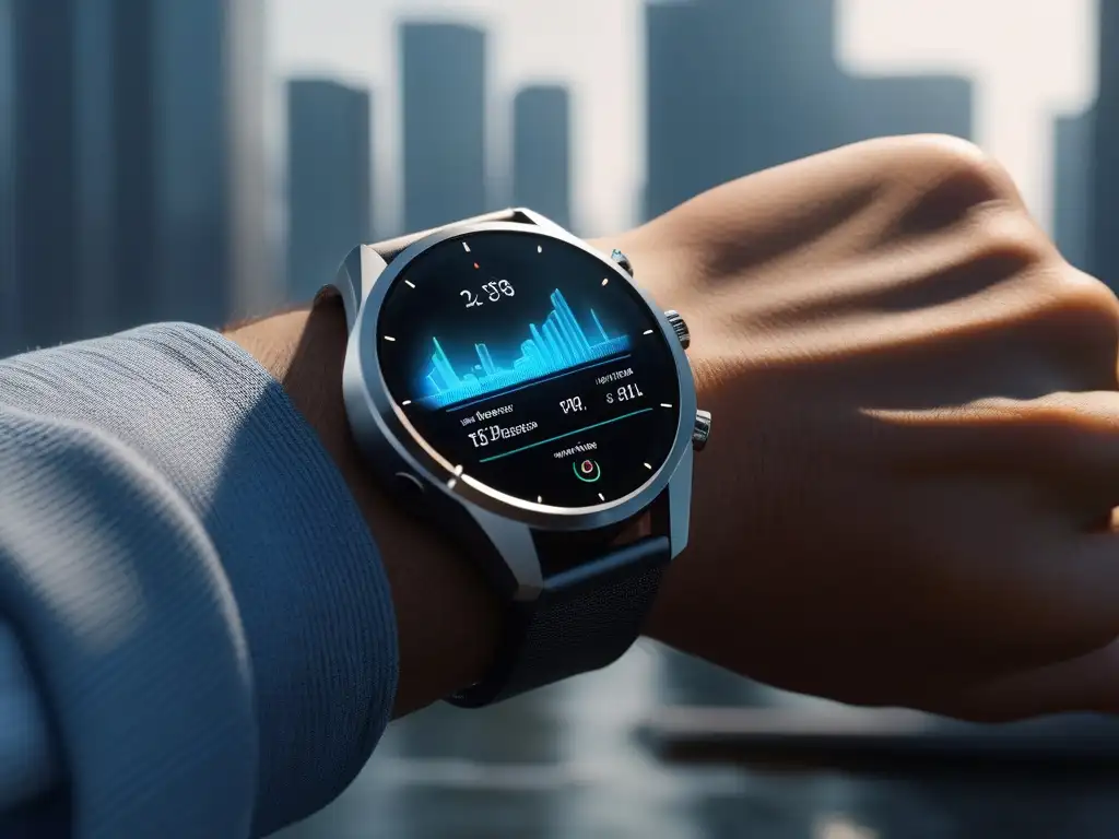 Reloj inteligente futurista en ciudad nocturna Un smartwatch futurista de alta gama en un paisaje urbano al anochecer