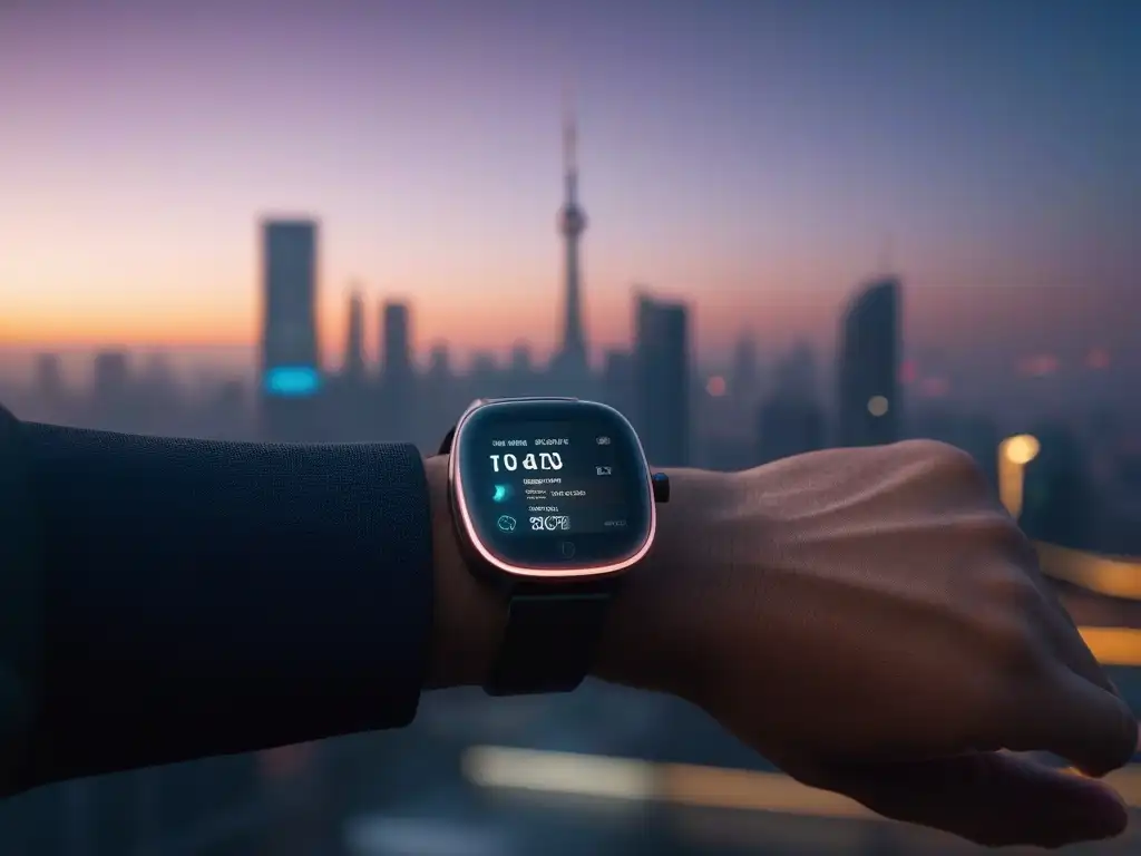 Smartwatch futurista: moda y salud en la ciudad Un smartwatch futurista en una ciudad moderna al atardecer, fusionando moda y salud