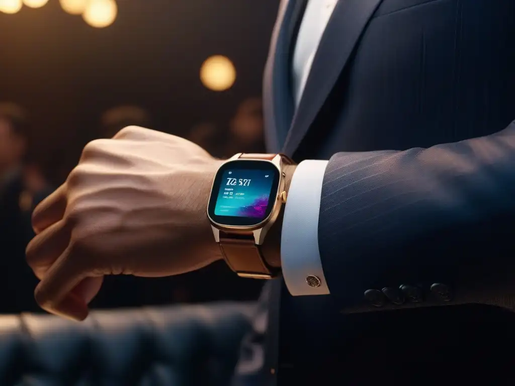 Reloj inteligente futurista con pantalla vibrante en evento de moda de lujo Un smartwatch futurista y elegante en un evento de moda premium, fusionando tecnología y lujo para una experiencia musical inolvidable