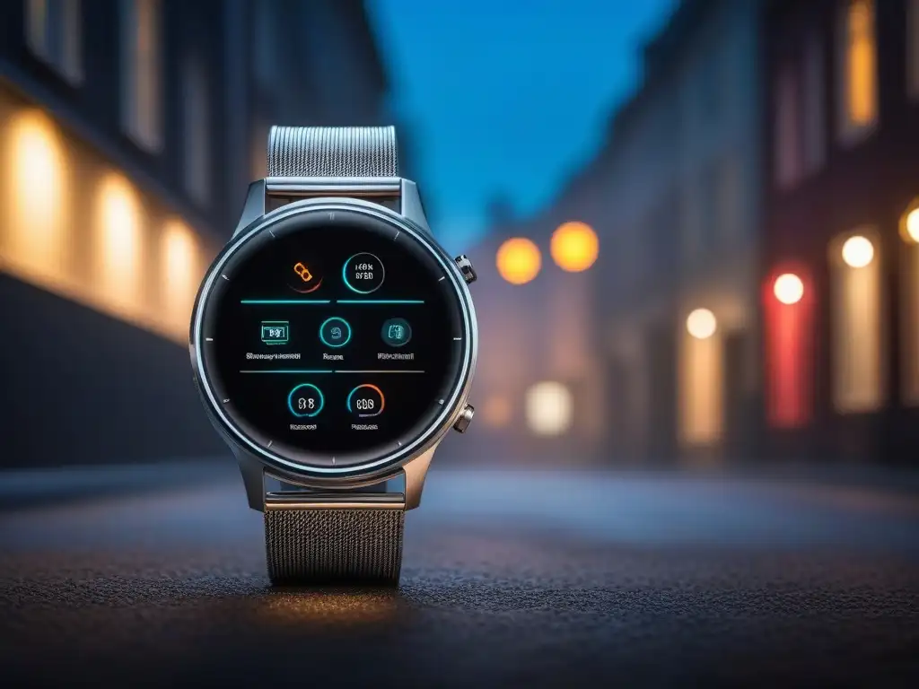 Smartwatch futurista con monitorización de salud avanzada en entorno urbano Un smartwatch futurista y elegante con pantalla táctil vibrante y avanzadas funciones de salud, en un entorno urbano sofisticado