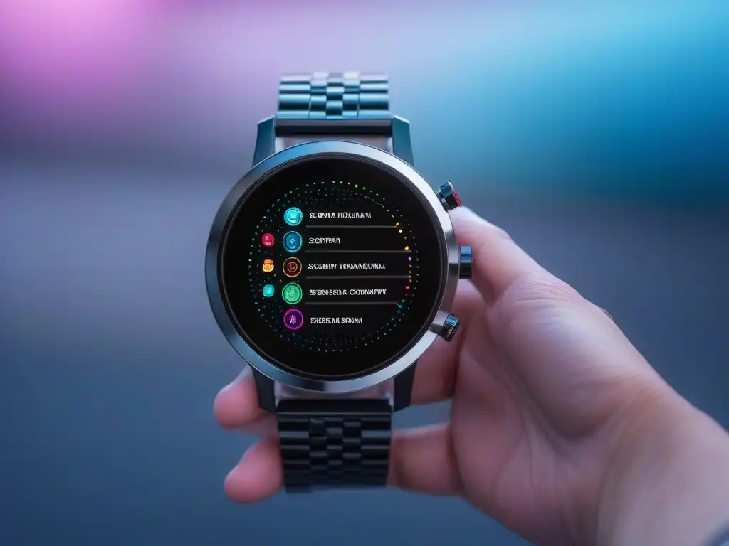 Smartwatch de lujo con diseño futurista y gemas brillantes Un smartwatch futurista y elegante con pantalla digital personalizable, adornado con patrones geométricos y colores vibrantes