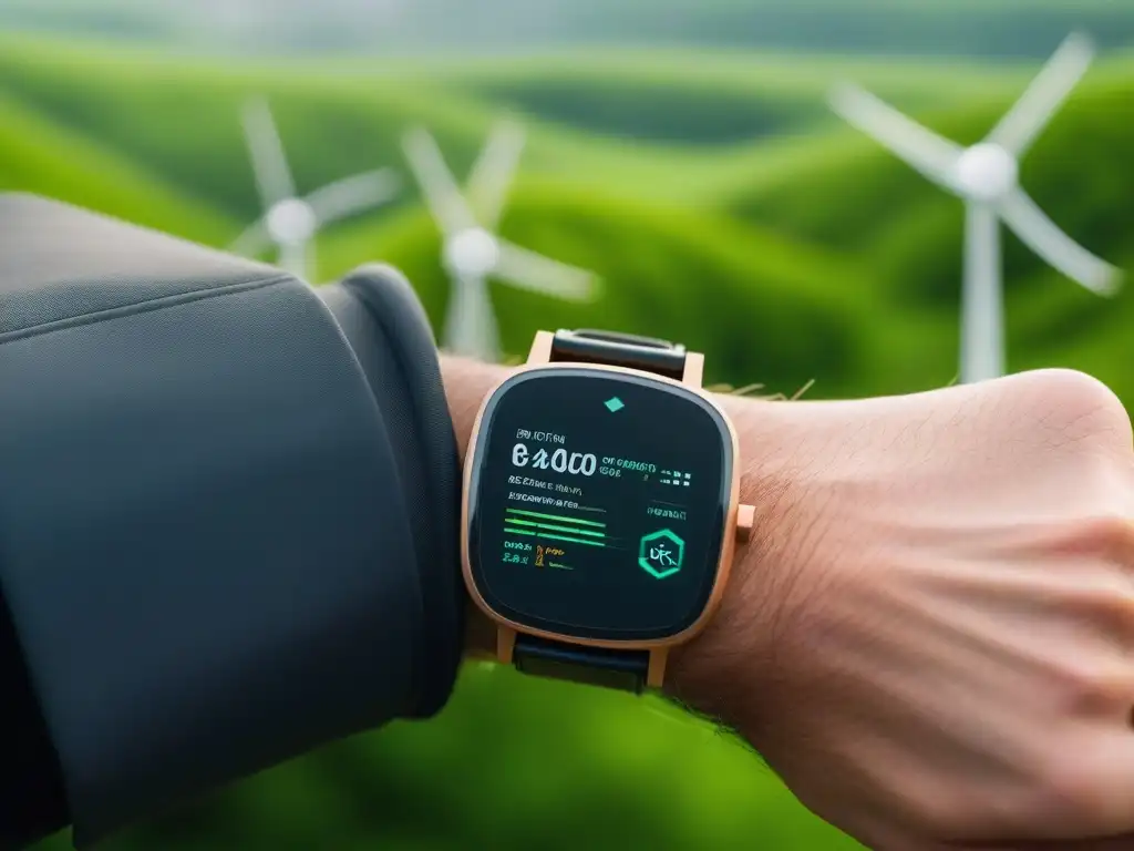 Smartwatch ecológico: datos ambientales y tecnología sostenible Un smartwatch futurista hecho con materiales sostenibles, con datos ambientales y paisaje verde