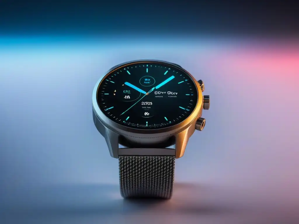 Smartwatch futurista con diseño personalizado y elegante Un smartwatch futurista con pantalla digital personalizable que fusiona tecnología y moda