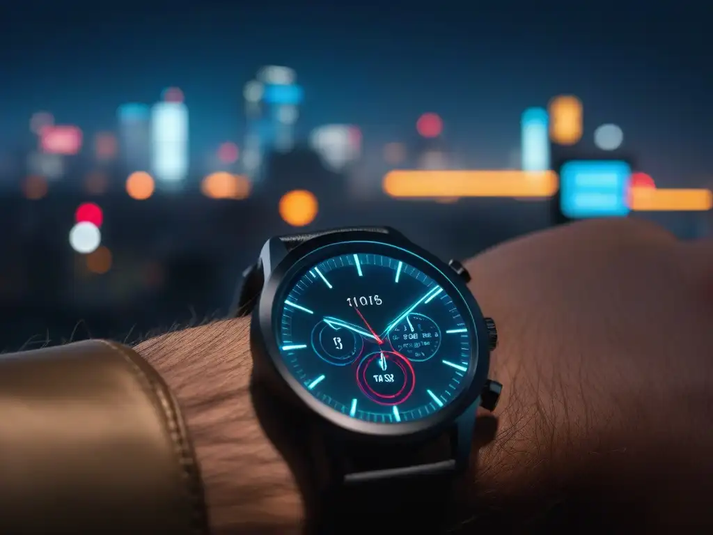 Smartwatch futurista en ciudad nocturna Un smartwatch futurista con pantalla vibrante, en una ciudad nocturna llena de luces neón