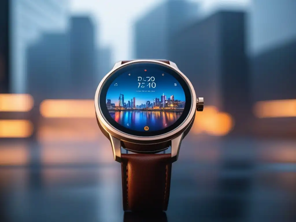 Smartwatch de lujo en entorno futurista Smartwatch de lujo con diseño moderno y pantalla vibrante de alta resolución, integrando tecnología y moda en la ciudad del futuro