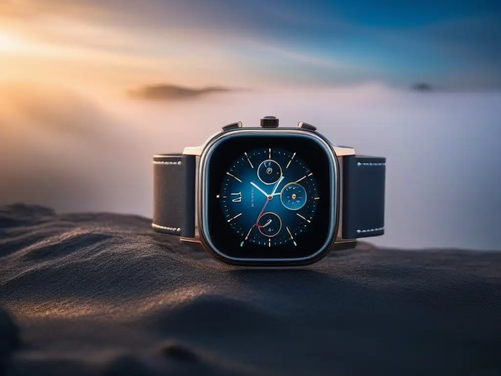 Smartwatch de lujo: diseño futurista y elegante Un smartwatch de lujo futurista con diseño elegante y tecnología de vanguardia, sobre fondo lujoso