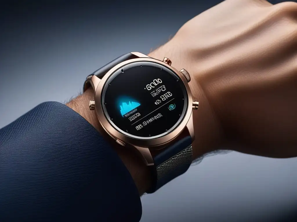 Reloj inteligente de lujo: diseño minimalista y elegante Un smartwatch de lujo en moda, con diseño minimalista y elegante en acero inoxidable, rodeado de luces suaves