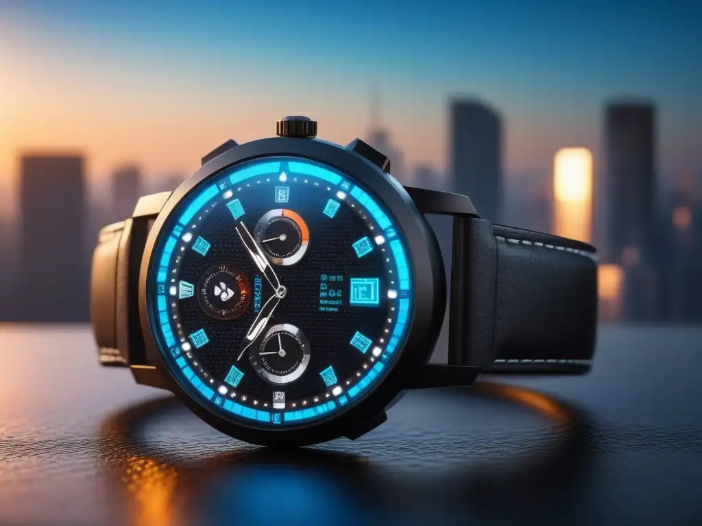 Reloj inteligente de lujo con diseño metálico y diamantes Un smartwatch lujoso con diseño metálico, diamantes y pantalla vibrante, en una ciudad futurista