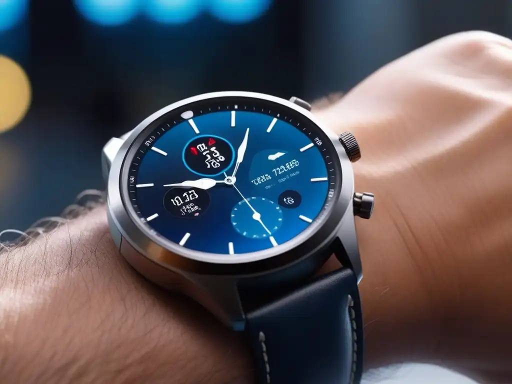 Smartwatch de lujo en aeropuerto: múltiples zonas horarias y notificaciones Un smartwatch moderno en aeropuerto: múltiples zonas horarias y notificaciones de vuelo, ideal para viajeros