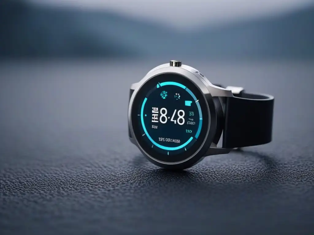 Smartwatch premium: diseño elegante y seguro Un smartwatch moderno en un ambiente futurista, resaltando su diseño elegante y avanzada tecnología