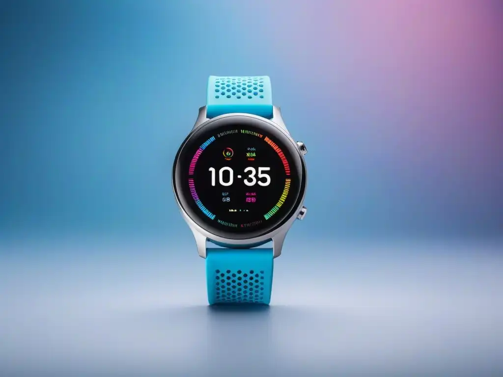 Smartwatch moderno con pantalla vibrante y datos de salud Un smartwatch moderno con correa grande, pantalla táctil vibrante y datos de salud