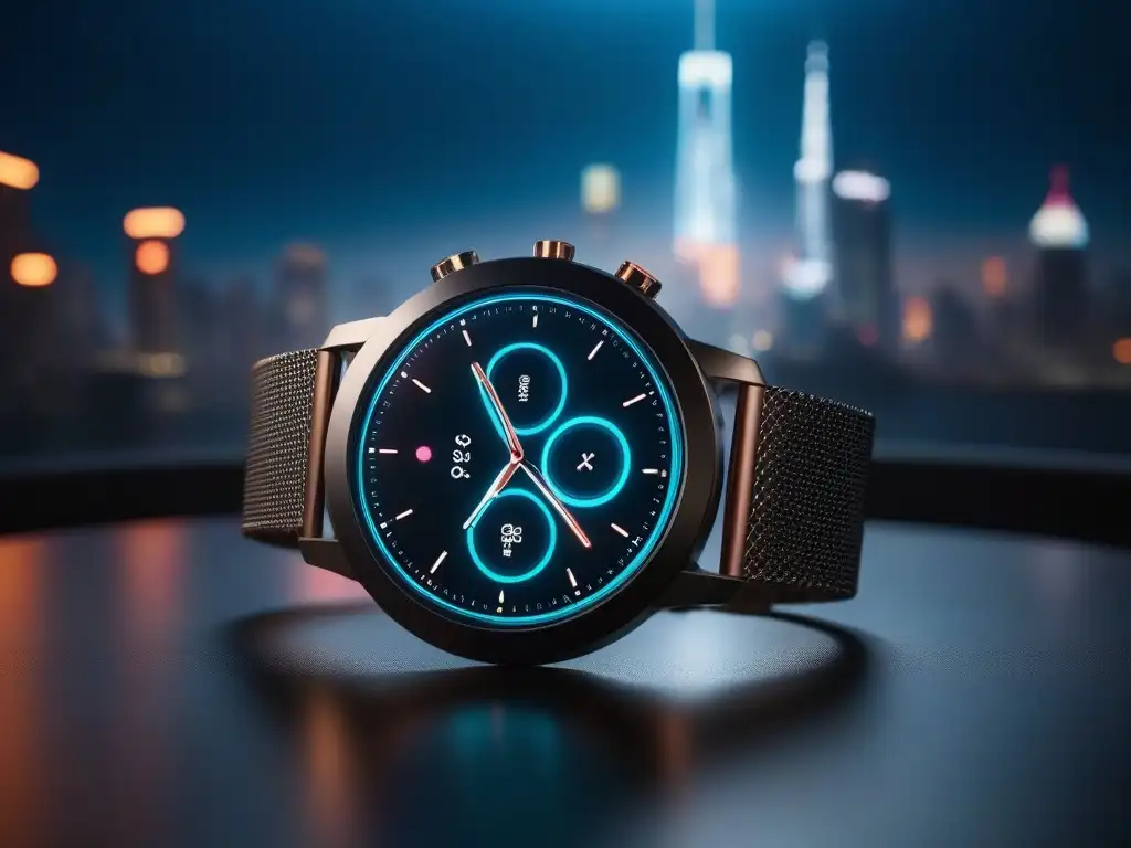 Reloj inteligente de diseño minimalista en una ciudad futurista Un smartwatch moderno y elegante con diseño minimalista, mostrando métricas de fitness y notificaciones en una ciudad futurista con luces de neón