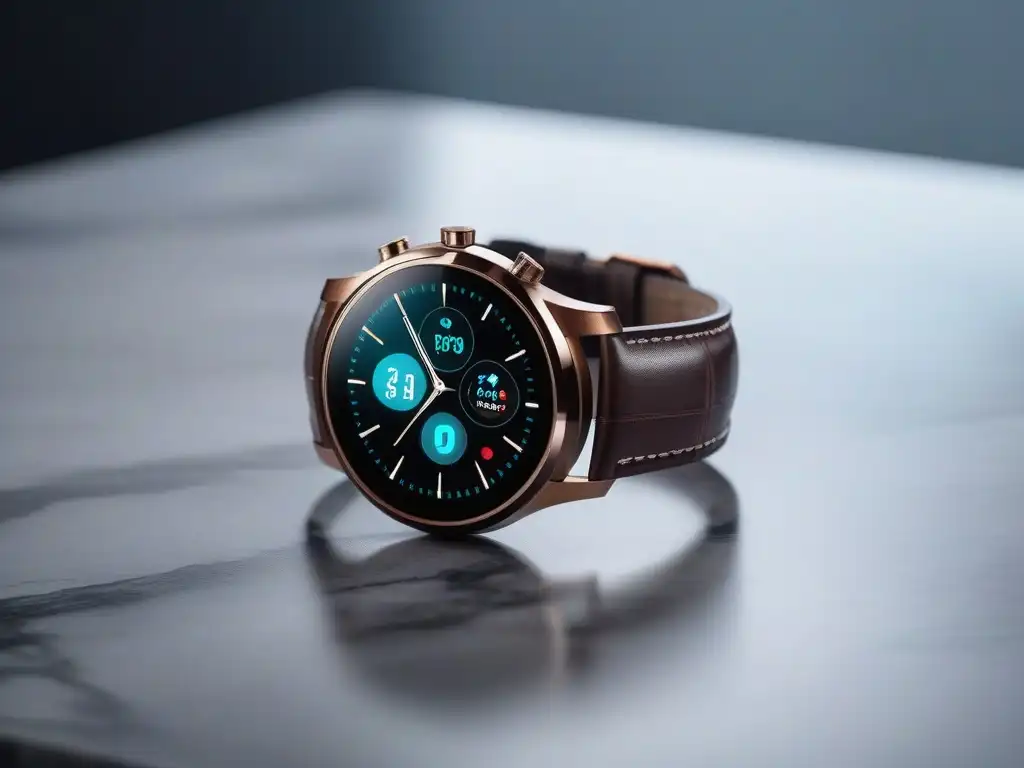 Smartwatch de lujo en mármol: estilo y funcionalidad premium Un smartwatch moderno y elegante sobre una encimera de mármol, con widgets personalizables en su pantalla de alta resolución