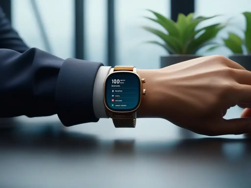 Smartwatch de lujo en entorno minimalista Un smartwatch moderno y elegante en un espacio minimalista, con detalles de diseño intrincados y pantalla vibrante