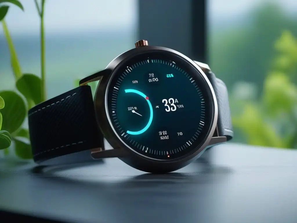 Smartwatch de lujo con monitoreo de salud avanzado en mármol Un smartwatch moderno y elegante, rodeado de vegetación, sobre una superficie de mármol