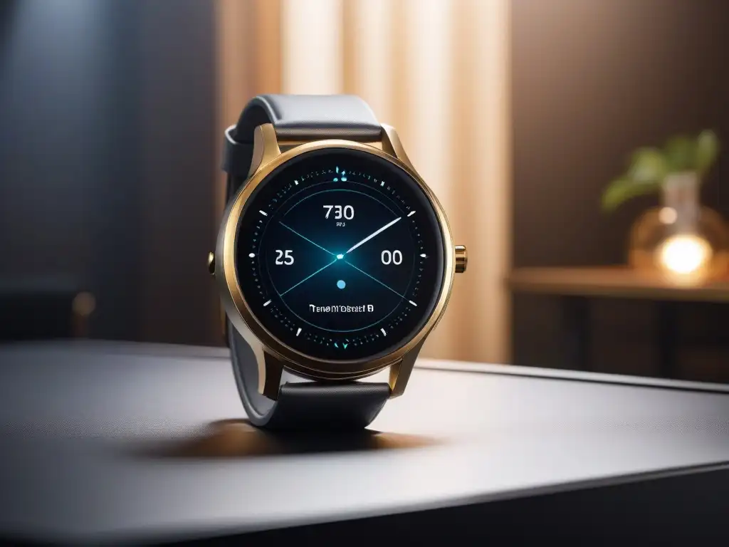 Smartwatch de lujo en ambiente tecnológico moderno Smartwatch moderno en oro y plata con pantalla táctil vibrante y diseño elegante