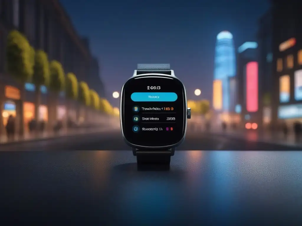 Smartwatch personalizable en ciudad nocturna futurista Un smartwatch moderno con pantalla personalizable, notificaciones de apps y un paisaje urbano nocturno vibrante