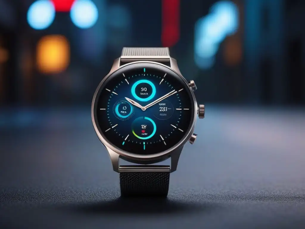 Reloj inteligente de lujo en ciudad futurista Smartwatch premium en ciudad futurista, combinando tecnología avanzada y diseño elegante, con pantalla vibrante y funciones variadas
