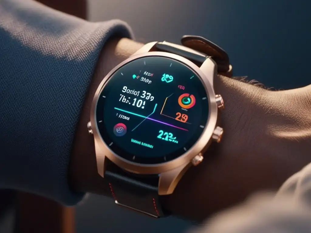 Elegante smartwatch de lujo con monitoreo de salud y fitness Un smartwatch premium con correa de cuero en un entorno elegante y minimalista