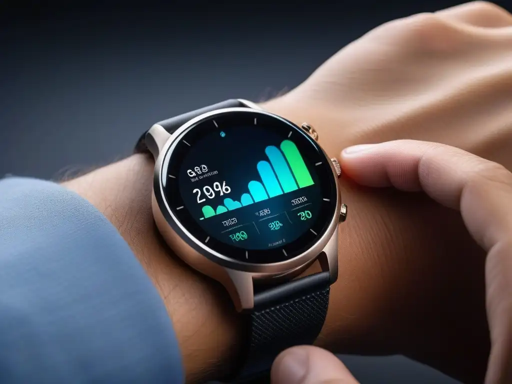 Smartwatch de última generación con datos de salud detallados Un smartwatch premium muestra datos de bienestar emocional en pantalla